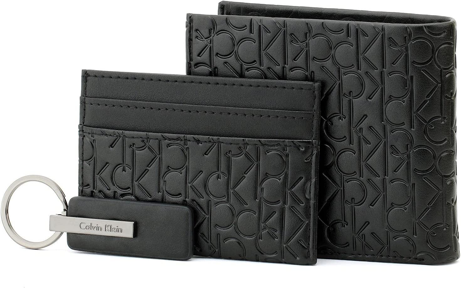 محفظه كالفن كلاين للرجال ثلاث قطع، جلد ، اسود